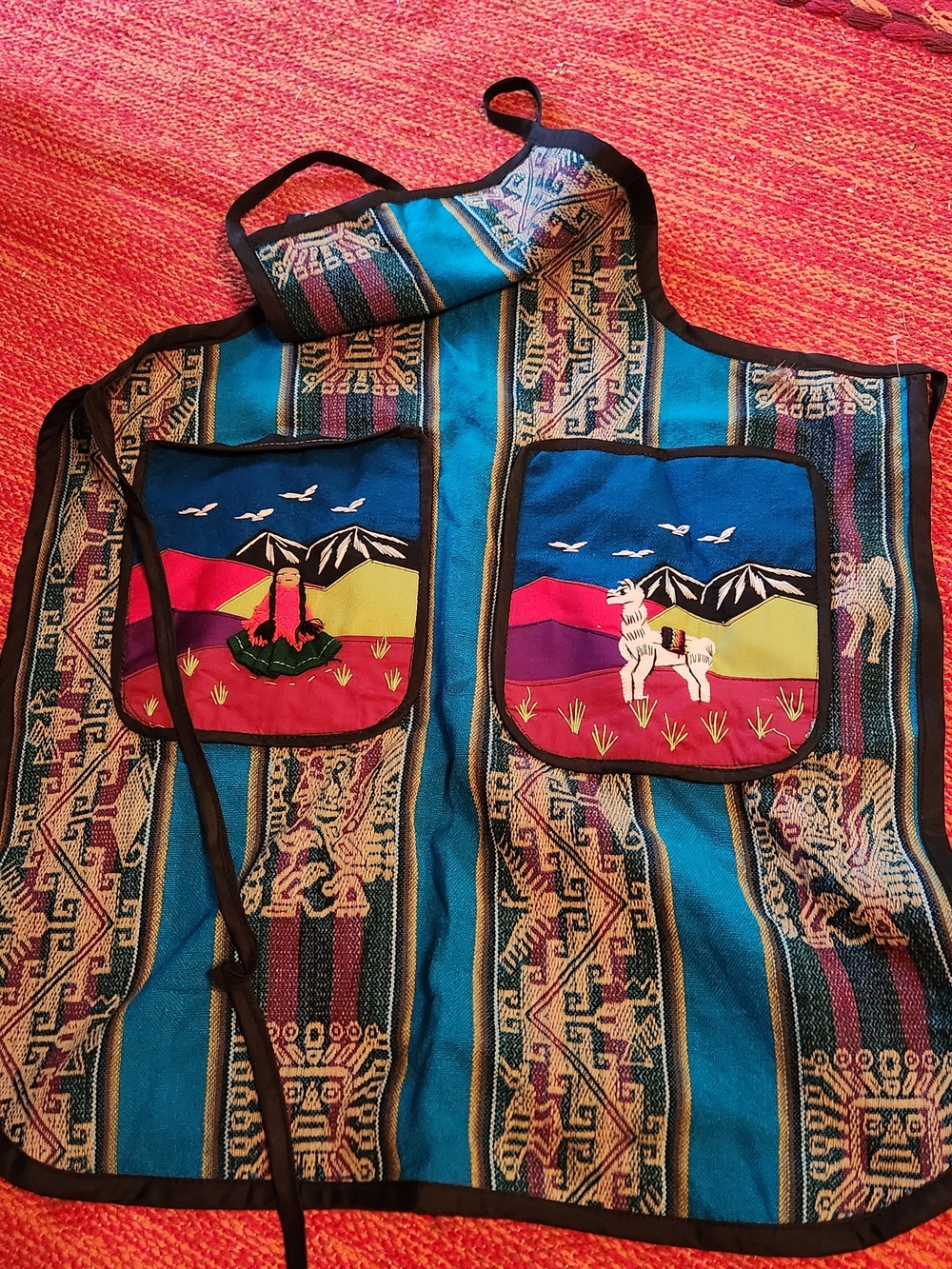 Handcrafted Peruvian Textile Apron with Colorful Llama Pockets